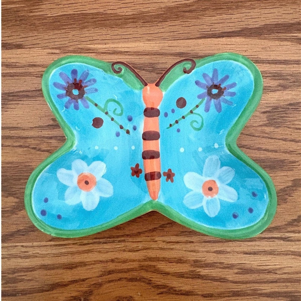 Lori Siebert Silvestri Butterfly Trinket Dish Ceramic Floral Turquoise Orange